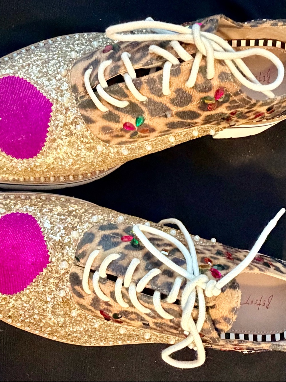 Betsey Johnson Gold Glitter Leopard Platform Sneaker with Multicolor Gem Flowers - Picture 2 of 16